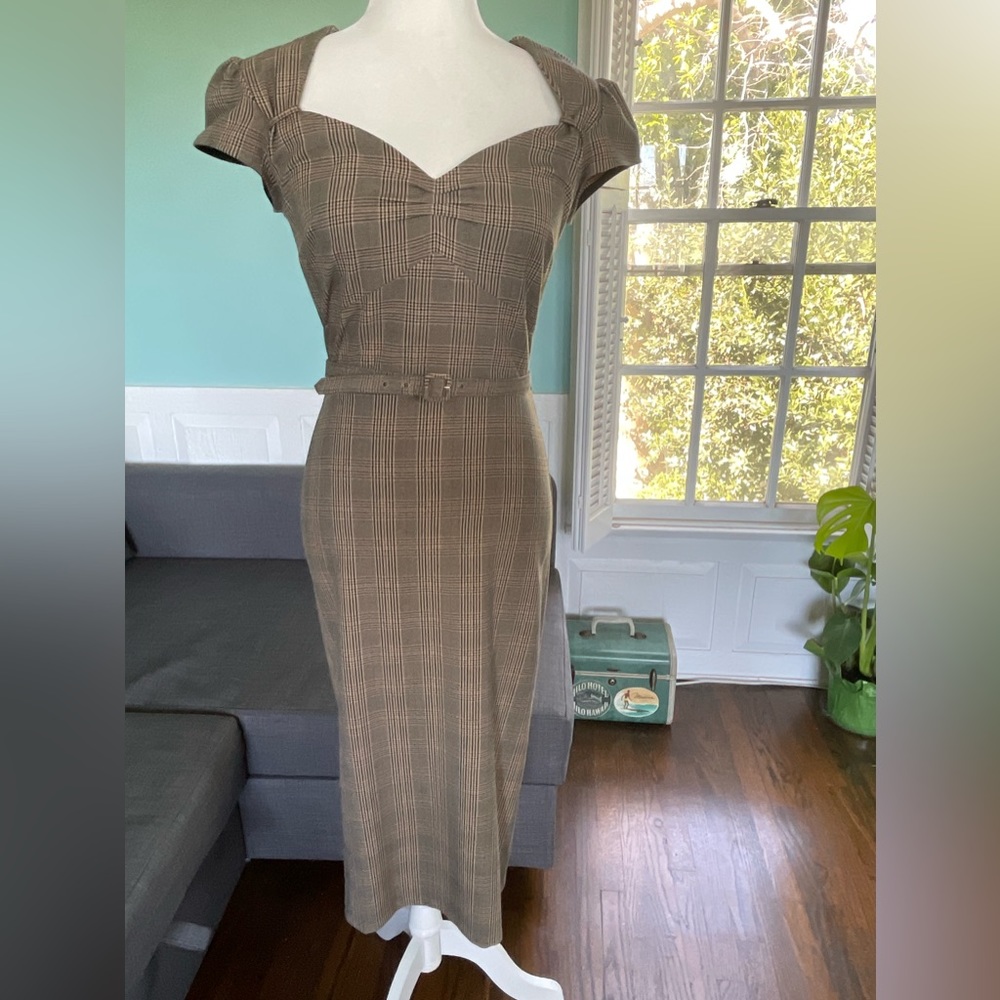 Stop Staring! Sexy Plaid Belted Body Con Cap Sleeve Wiggle Dress